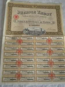 Certificado de acciones vintage bonos Action Societé Petrole trust 1924 - Imagen 1 de 2