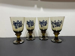 Four (4) Vintage Brown Libbey Goblet / Pedestal Glasses with Blue Partridge Bird - Picture 1 of 11