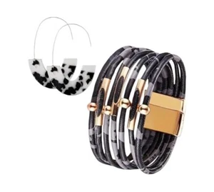 Multilayer Leather Cuff Bracelet and Earrings Leopard Design Jewelry Set - Bild 1 von 3