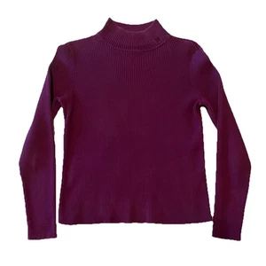 Y2K Lauren Ralph Lauren Mock Neck Ribbed Sweater PM Logo Quiet Luxury Magenta - Picture 1 of 8