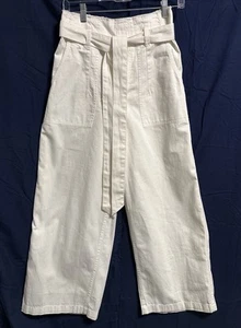 American Eagle Womens Paperbag Wide Leg Pant White Belted Cotton Lined Small - Picture 1 of 13