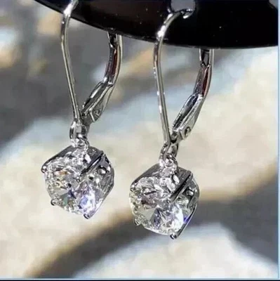 14K White Gold Plated 2Ct Round Cut Lab Created Diamond Drop & Dangle Earrings - Image 1 of 3