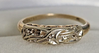 BANDA VINTAGE TU-TONE ORO 14K DAMAS CON DETALLES DE DIAMANTES - TALLA 5,5 Foto 1 de 4