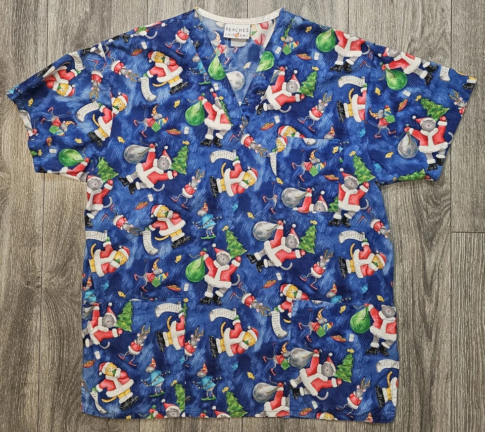 Peaches Uniforms Medical Scrubs Kittens Cats Holiday Santa Christmas Women's Lrg - Image 1 of 4