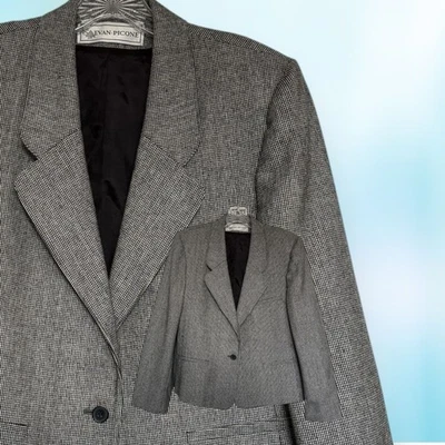 Blazer de tweed blanco y negro Evan Picone forrado en lana talla 14 chaqueta clásica de carrera Foto 1 de 4