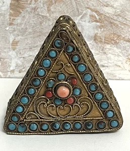 Vintage Tibetian Triangle Shaped Small Brass Box Coral/Turquoise Inlay 2” - Picture 1 of 7