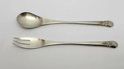 KOREAN 800 SILVER FORK & SPOON w/ ENAMEL Lucky Clover Leaf - Image 1 of 4