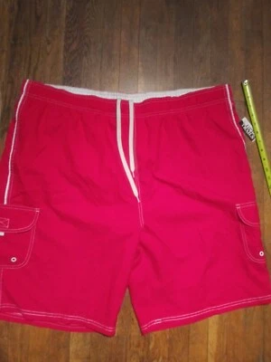 Mens New Swim Trunks Board Shorts Red w/ Tan Stripe Stitching & Cargo Pockets - Image 1 of 4