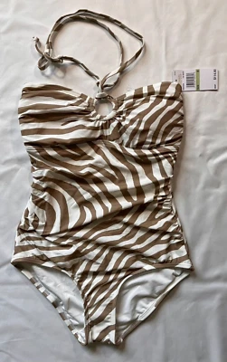 ¡Nuevo! Traje de baño halter de una pieza a rayas Michael Kors talla 8 anillo con logotipo MK, precio de venta sugerido por el fabricante $114 Foto 1 de 4