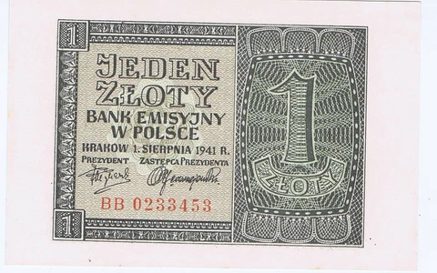 1941 POLISH ONE ZLOTY BANK NOTE: GERMAN OCCUPIED POLAND UNCIRCULATED (0000) Cover