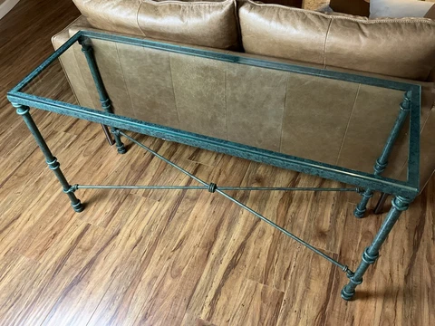 Vintage Giacometti Style Metal Console Table Glass Top Sculpture Details Green Cover