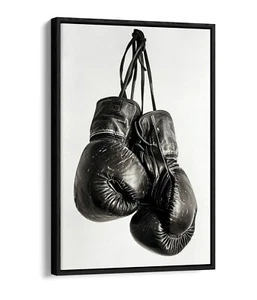 BOXING GLOVES BLACK AND WHITE -FLOAT EFFECT FRAMED CANVAS WALL ART PRINT - Imagen 1 de 8