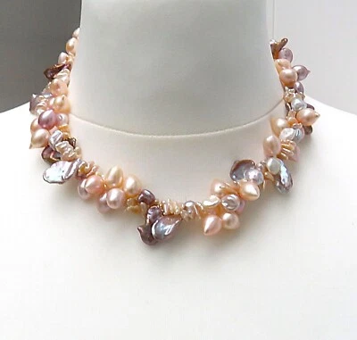 Keshi Süßwasser Perlen Collier 2-reihig handgefertigt Unikat Perlen Kette 5514 - Bild 1 von 4
