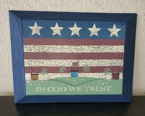 Primitive FARMHOUSE Americana IN GOD WE TRUST Wood Sign w/ SALTBOX Houses - Picture 1 of 10