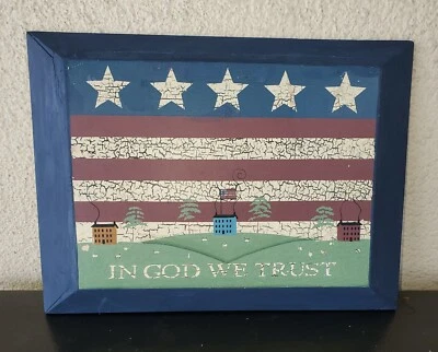Primitive FARMHOUSE Americana IN GOD WE TRUST Wood Sign w/ SALTBOX Houses - Image 1 of 4