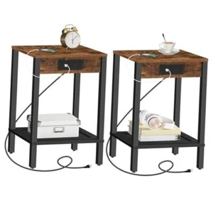 Side Table with Charging Station, Set of End Tables 2 Rustic Brown + Black - Picture 1 of 7