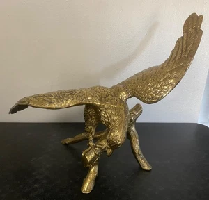 Large Cast Golden Bronze Eagle on Branch Statue Sculpture, 36" Wingspan, *HEAVY* - Picture 1 of 13