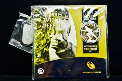 2012-W Defenders of Freedom Set Infantry Soldier Silver Dollar & Dog Tag -OGP - Image 1 of 4