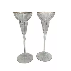 Pair Crystal Taper Candle Holders Gold Trim Edges 9" Tall Set of 2 - Picture 1 of 7