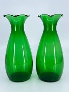 1960s Pair Anchor Hocking Emerald Forest Green Crimped Vases - 2 matching vases - Picture 1 of 21
