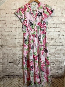 Rafaella Shirt Dress Womens Medium Linen Pink Tropical Full Button Front Midi - Picture 1 of 16