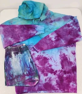 Procion Ice Tie Dye Outfit Women's Shorts size 10 and Unisex Hoodie size XL - Picture 1 of 24