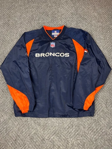 Reebok NFL Team Apparel Mens Large Denver Broncos Windbreaker V Neck Navy Blue Cover