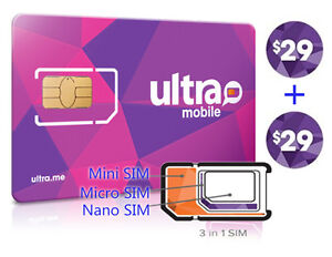 Preloaded ULTRA MOBILE Mini+Micro+Nano(3in1)SIM Card + $29X2 Month FREE SHIPPING