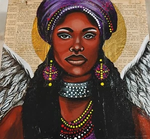 Eliza Angel Black Bible Pages Mix Media Painting Wall Art OOAK 10" 10" - Picture 1 of 12