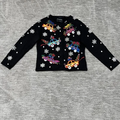 Vintage Michael Simon Sweater Womens Small Black Christmas Car Embellished 90s - Image 1 of 4