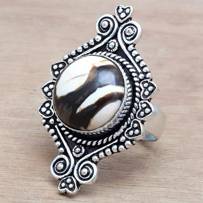 Joyería de plata hecha a mano con piedras preciosas de jaspe de madera de cacahuete "9" Foto 1 de 4