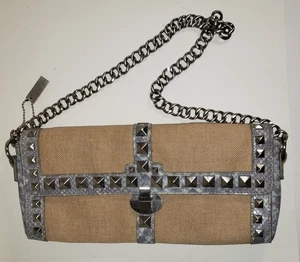 Vintage BCBG Girls Studded Clutch Shoulder Bag Beige Canvas Chain 12x6 - Picture 1 of 7