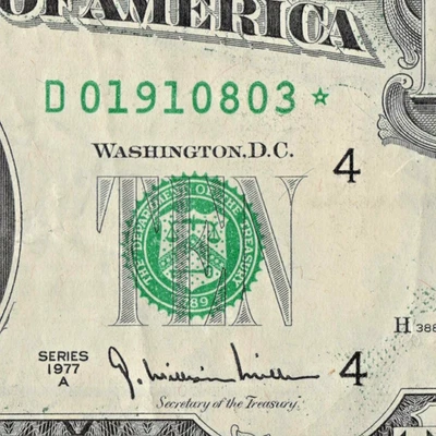 1977A $10 Star Note Cleveland Star Note 2.48 Million Run D01910803* Green Seal - Image 1 of 4