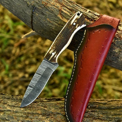 8.4" Handmade Damascus Steel Blade Custom Antler Handle Hunting Knife W Sheath - Image 1 of 4