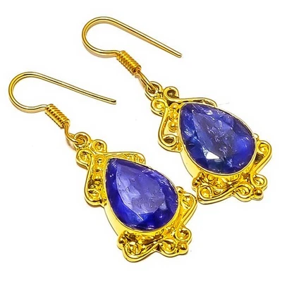 Pendiente antiguo chapado en oro amarillo de 18k zafiro azul (simulado) 1,87" E4-537 Foto 1 de 3