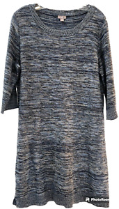 J Jill Womens Large Blue 3/4 Sleeve Sweater Dress Linen Cotton Blend Knee Length
