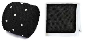 Frederick Thomas Knitted Mens Tie and Pocket Square Set - Black Hanky Polka Dot - Picture 1 of 10