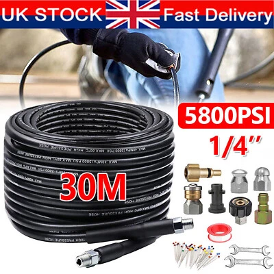 30M 1/4"Connect Pressure Washer Hose Pipe Sewer Jetting Drain Jetter Cleaner Kit