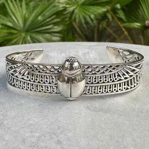 Handcrafted 925 Sterling Silver Scarab Egyptian Beetle Bug Scarabaeus Bracelet - Picture 1 of 6