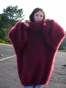 Mohair Sweater Thick Oversize Burgundy Handknitted Handmade by Lanaknittings - Picture 1 of 10