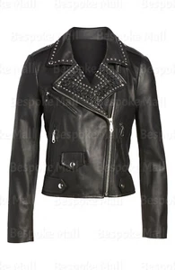 New Woman's Punk Rock Star Silver Studded Brando Style Real Leather Jacket-454 - Picture 1 of 4