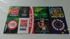 planche  8 stickers virgin games sega terminator chuck rock european club soccer