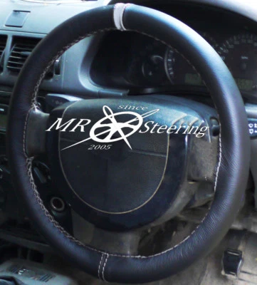 FOR PEUGEOT 308 BLACK REAL LEATHER STEERING WHEEL COVER 2007-2013 +GREY STRAP - Image 1 of 4