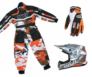 Kids Wulfsport Wulf MX Quad Motocross Overall Helmet Glove Orange Camo Set #O5 - Picture 1 of 5