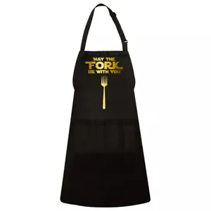 May The Fork Be With You Funny Golden Print Adjustable Kitchen BBQ Unisex Apron - Picture 1 of 2