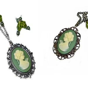 Green cameo long vintage style necklace with pearls optional earrings - Picture 1 of 5