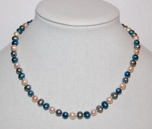 ELEGANT HAND KNOTTED BLUE & PINK BAROQUE FAUX PEARLS STRAND 925 CHOKER NECKLACE - Picture 1 of 12