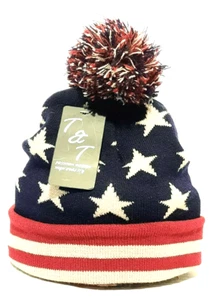 Patriotic Unisex Beanie Cap - Flag-look - OSFM - Pom pom T&T - Picture 1 of 7