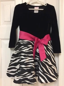 Girls Jessica Ann Black White Zebra Velvet Pink Bow Party Holiday Dress Sz 4 - Picture 1 of 3