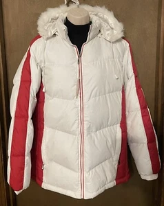 Luciana Moda Blanco Rojo Imitación Piel Capucha Puffer Chaqueta Damas XL *Se ajusta como Lg Nuevo - Imagen 1 de 17